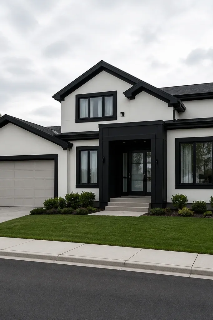 Matte black trim and clean white facade lines around windows and door