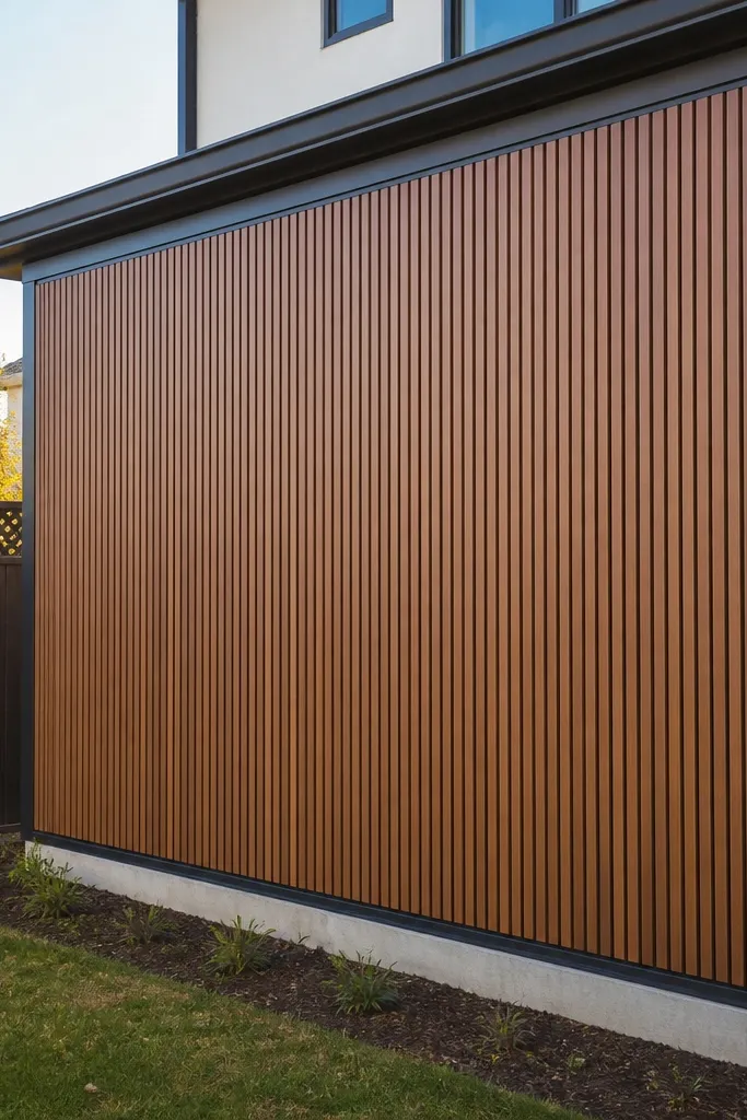 Vertical slat panel on a blank side wall in warm wood tone with dark trim