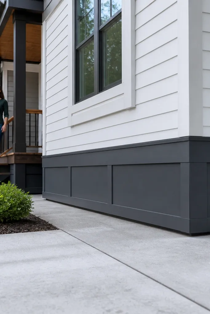 Modern foundation skirt panel in dark gray running along the front base