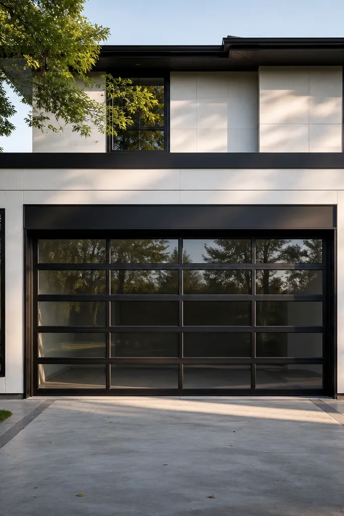Modern garage door framed by dark trim and a small side panel detail