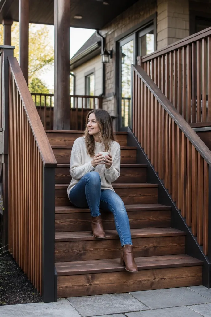 Stained wood slats framing porch stairs with dark rail trim
