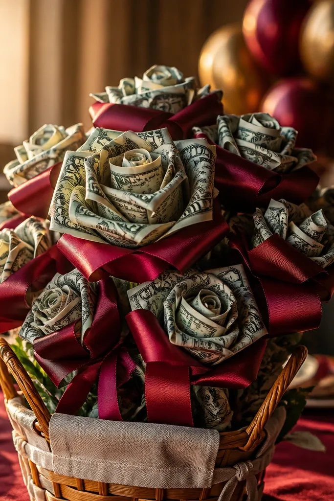 Money roses in burgundy wrapping paper with a red ribbon bow