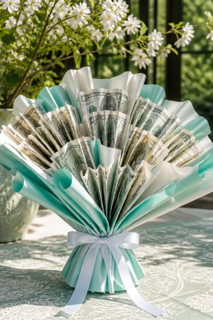Teal wrapping with folded money fans and white ribbon accents