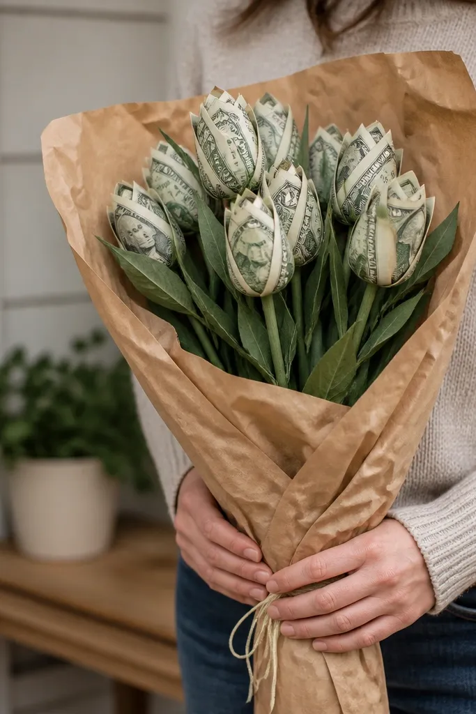 Kraft paper wrapped bouquet with bill tulip tops and twine bow