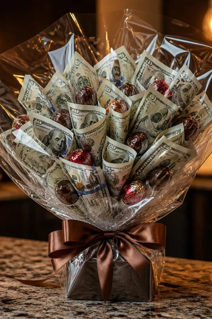 Money bills wrapped around candy sticks in clear cellophane
