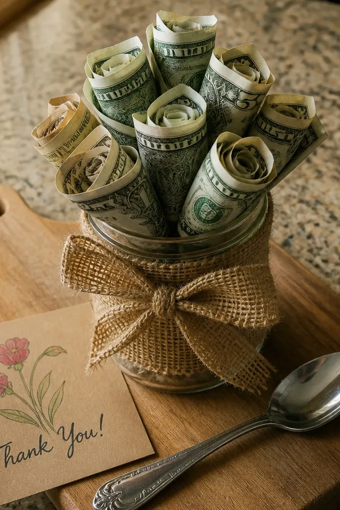 Money flowers arranged in a small jar with burlap bow