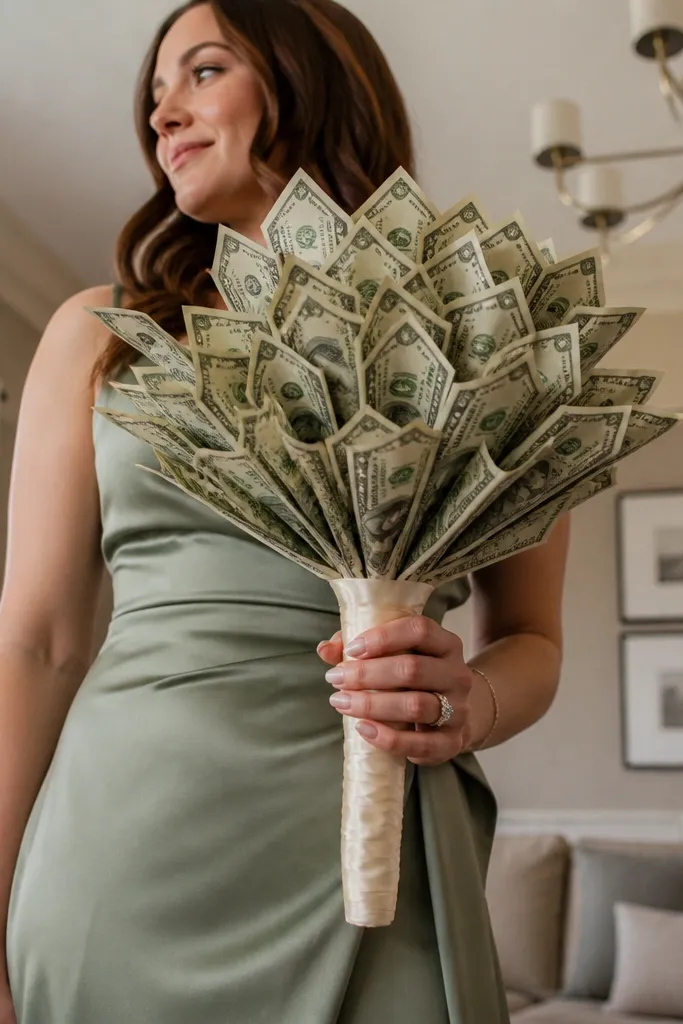 Money flowers tied into a hand bouquet with satin ribbon handle