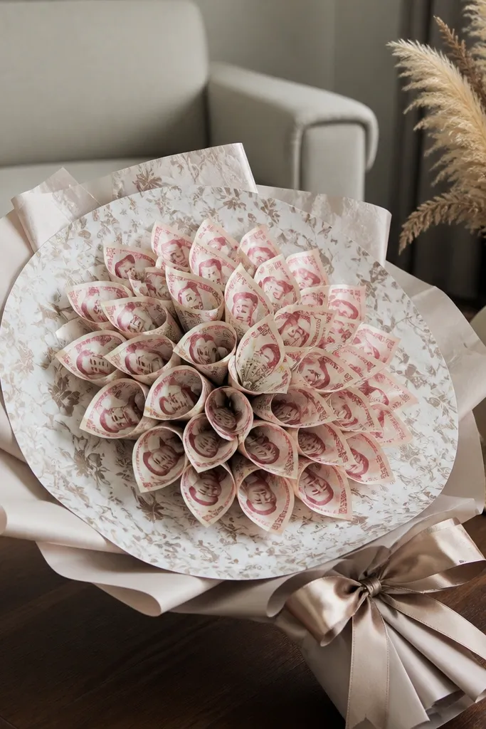 Money bills attached to paper flower backing with ribbon wrap