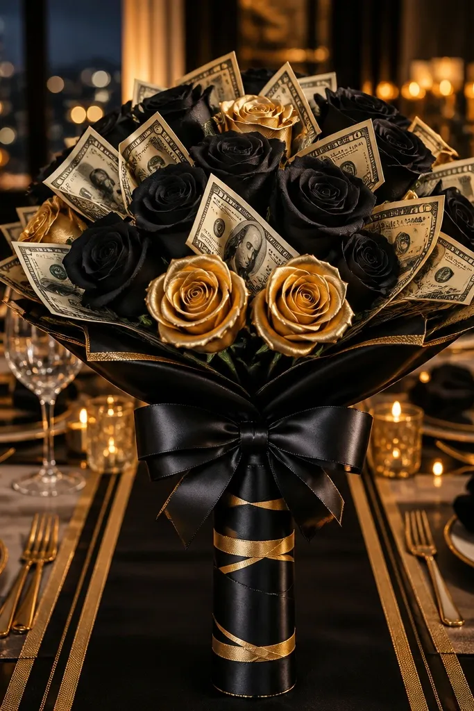 Black wrapping with gold ribbon and folded money units arranged upright