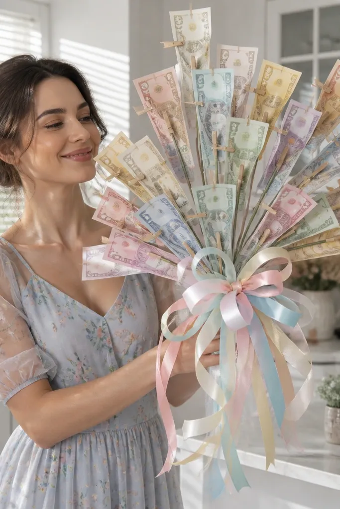 Pastel ribbon bouquet with rainbow money pieces held by small clothespins