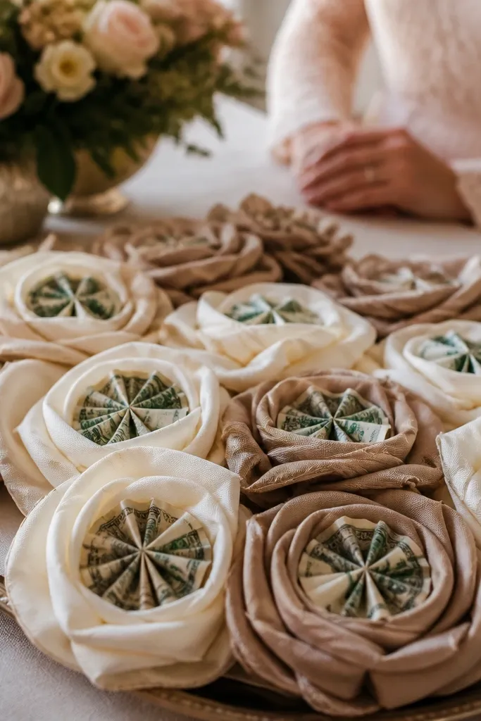 Fabric rosettes with bill centers wrapped in soft neutral paper