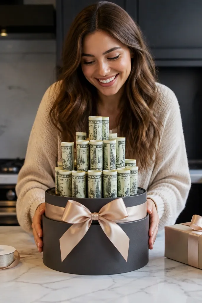 Money flowers rising from a gift box lid with ribbon band
