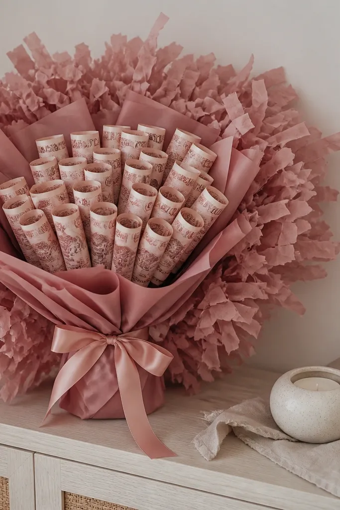 Monochrome bouquet with money units and tissue fringe edges