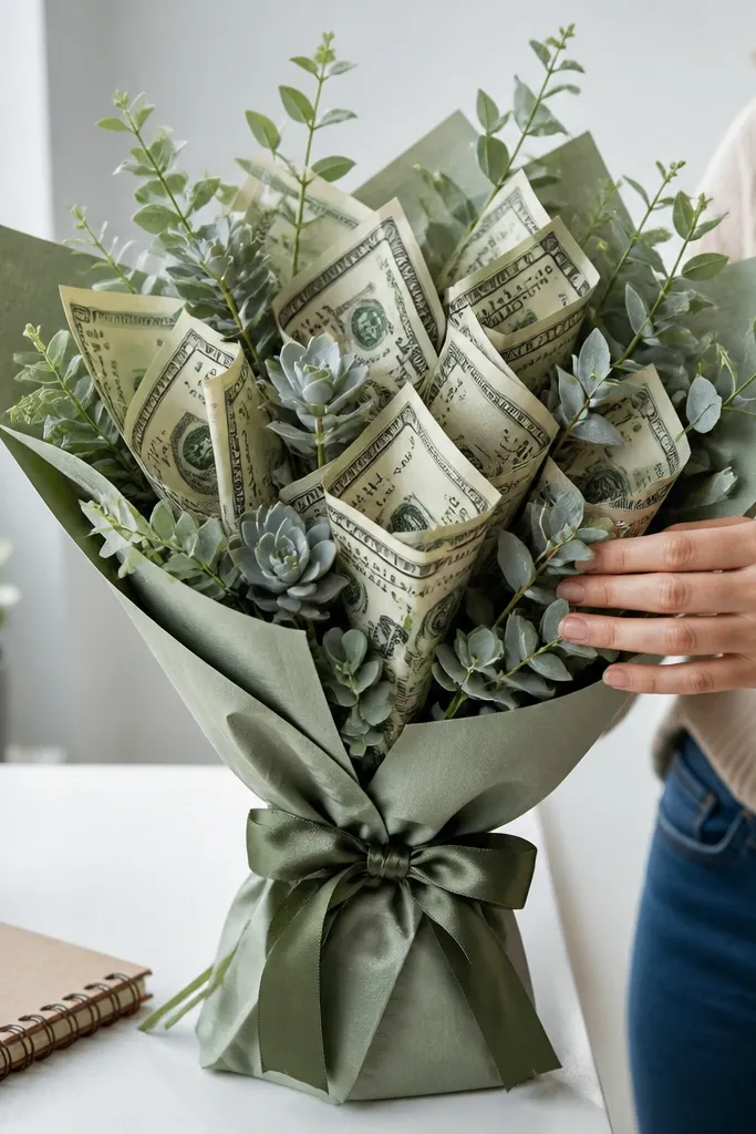 Green wrapping with money bills and faux succulent leaves accents
