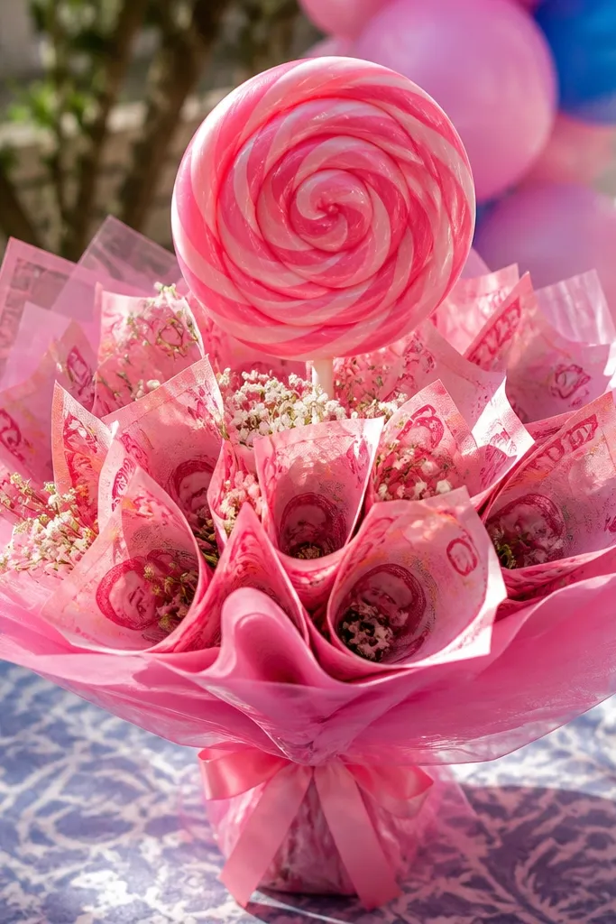 Pink ribbon money bouquet with a lollipop centerpiece