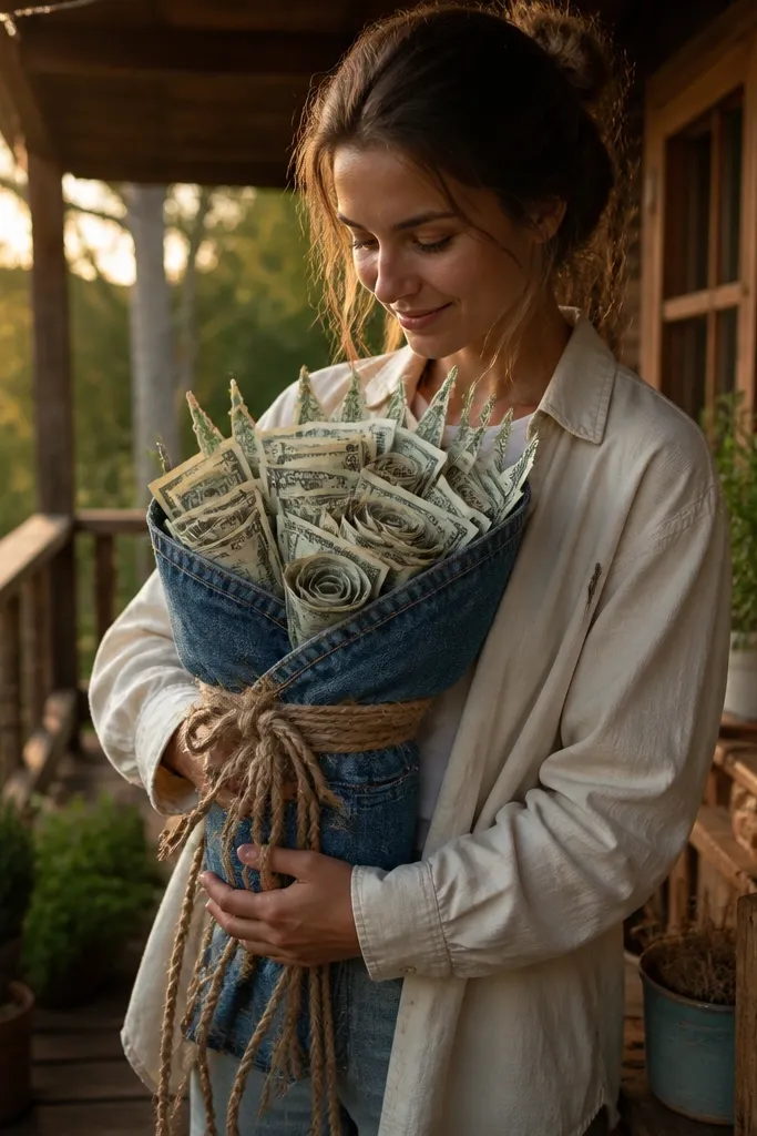 Blue gift wrap money bouquet with jute rope bow