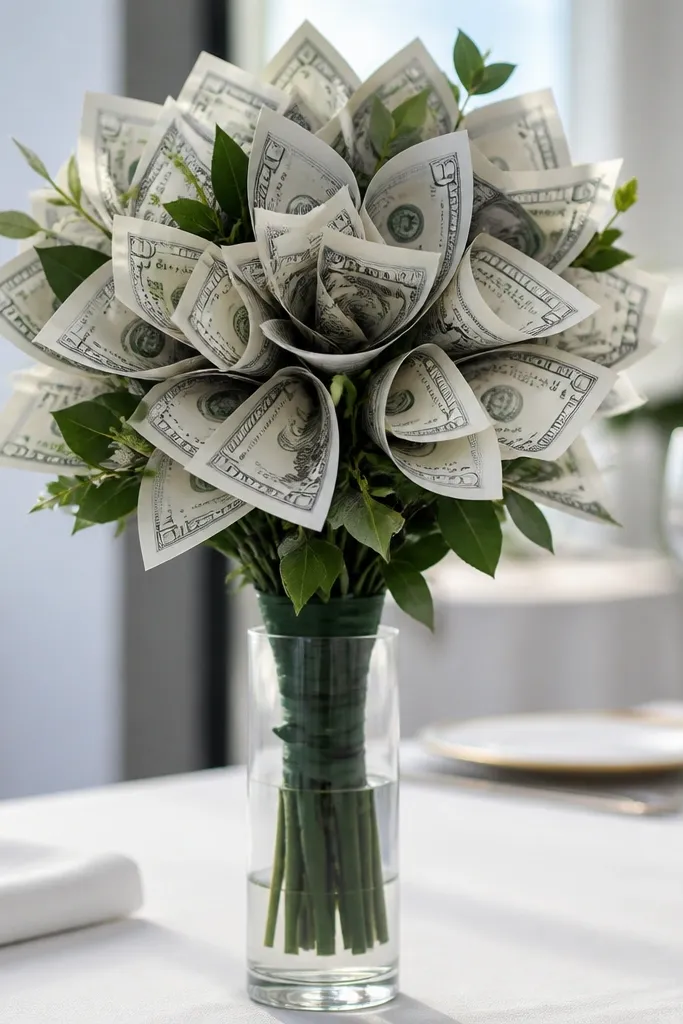 White bouquet wrap with money units and small green ribbon accents