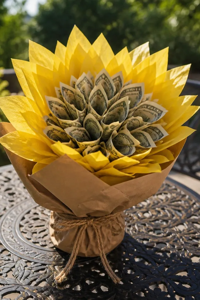 Yellow tissue petals behind money pieces with a sunflower-like center