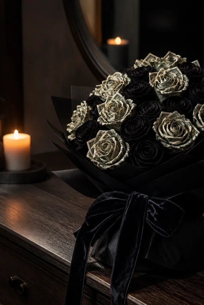 Black velvet ribbon money roses with dark wrapping paper