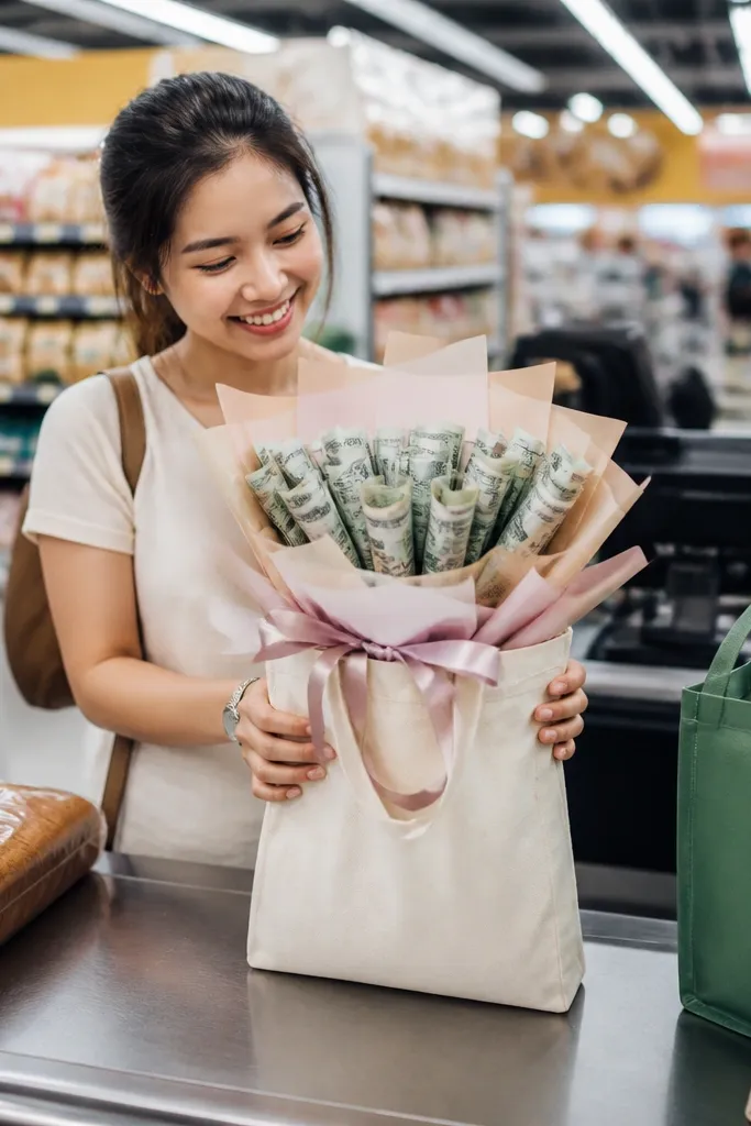 Money bouquet wrapped inside a small tote with ribbon handle bow