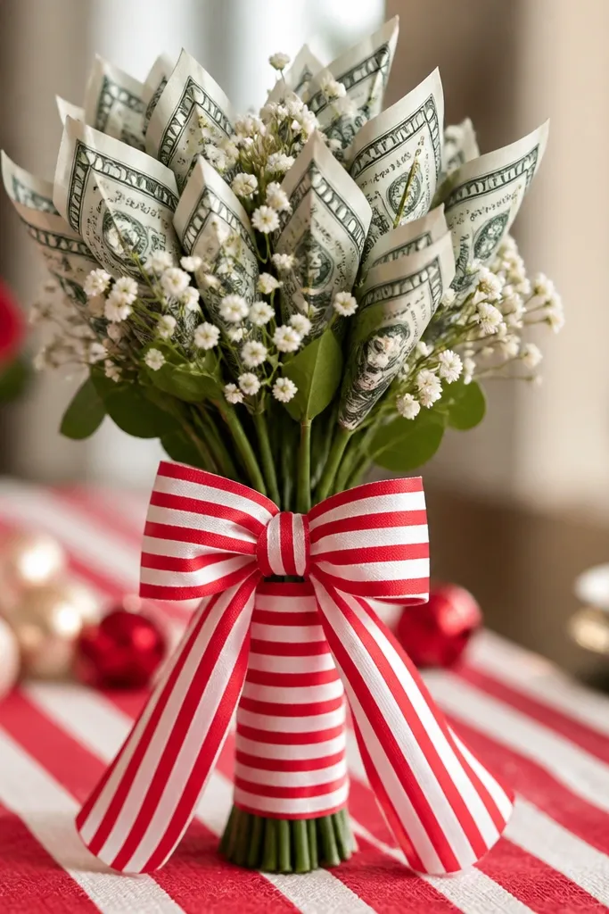 Red and white striped ribbon wrapped money bouquet with red bow