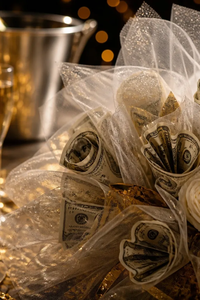 Clear tulle bouquet with gold confetti and money roses