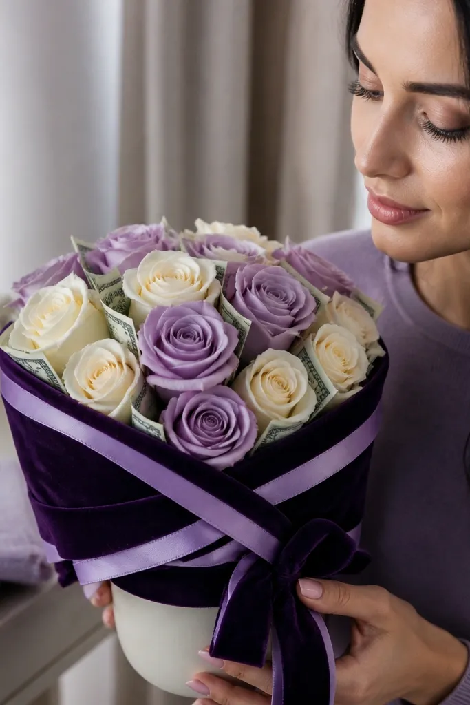 Purple ribbon money bouquet with lavender band and bill roses