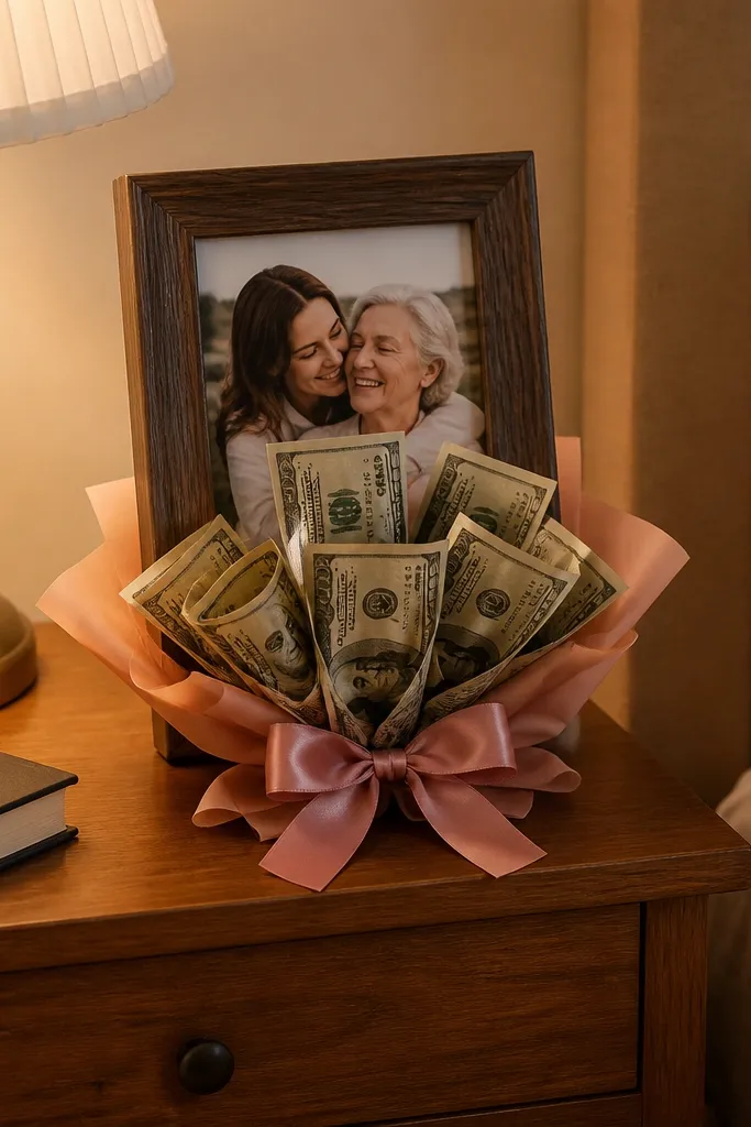 Small frame behind money petals with ribbon wrap