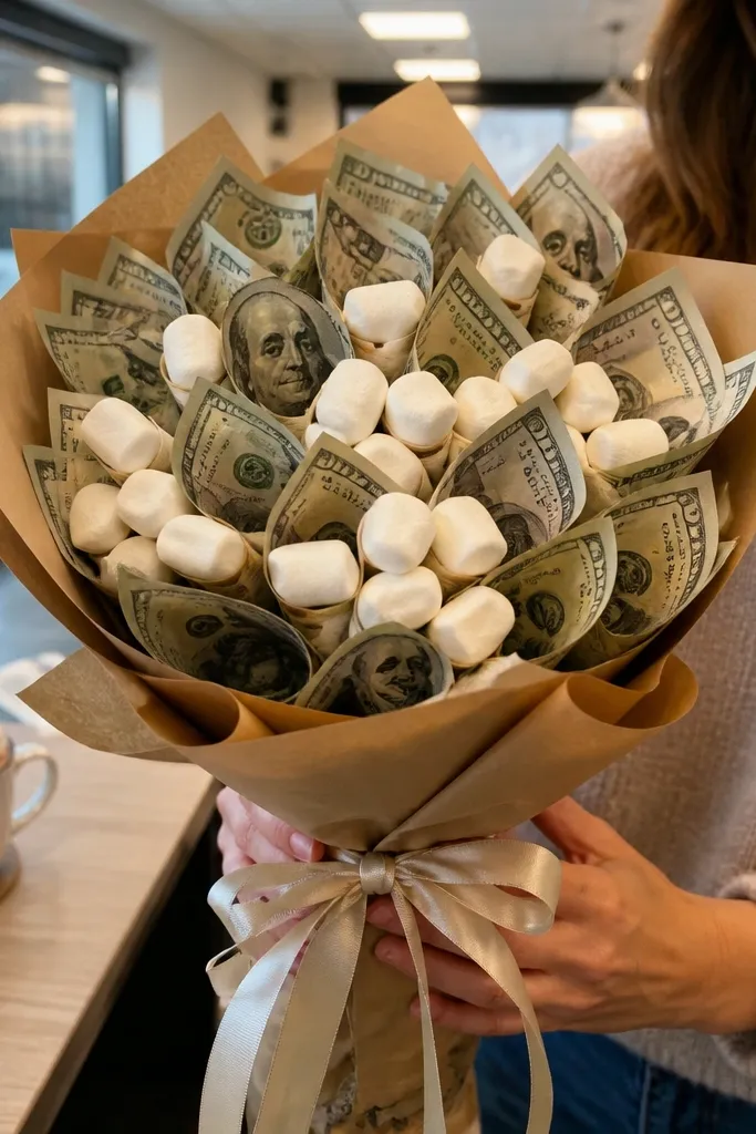 Money bouquet with mini marshmallow accents and winter ribbon