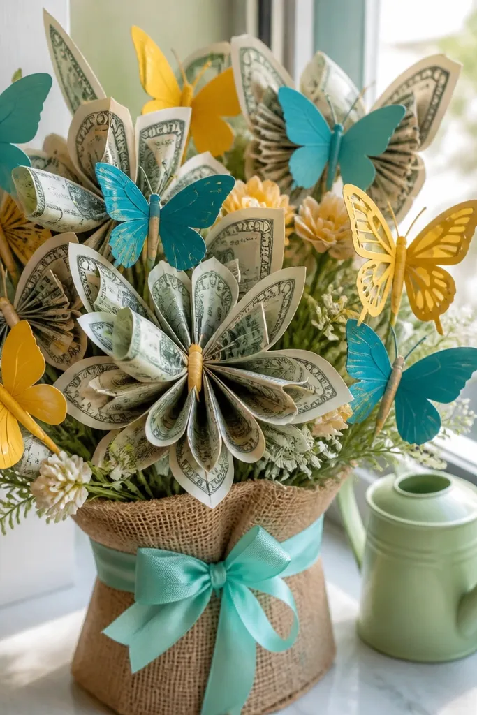 Butterfly accents around money bouquet with colorful ribbon