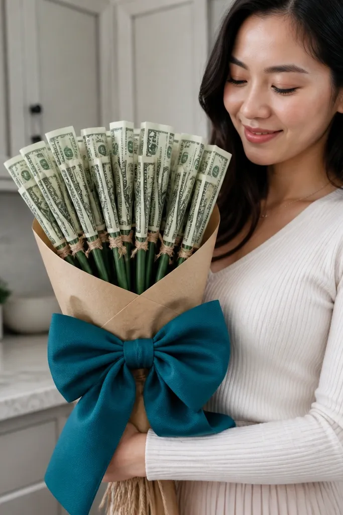 Fabric knot bow bouquet with money bills tied to stems
