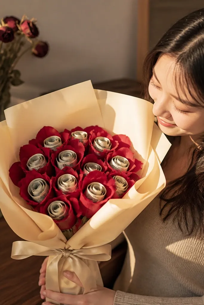 Paper rose petals behind red money roses with ribbon wrap