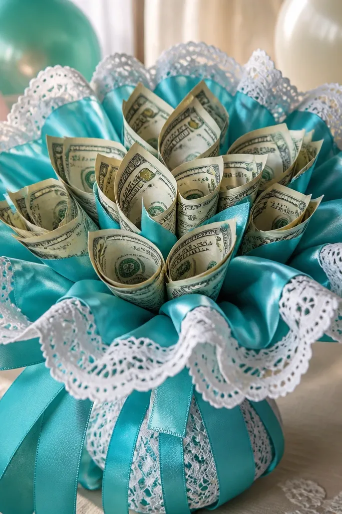 Teal wrapping with white lace ribbon trim and folded money units