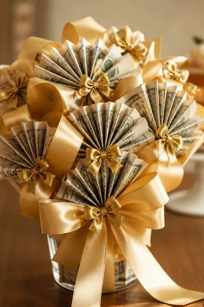 Gold ribbon bouquet with small bow accents and money fans