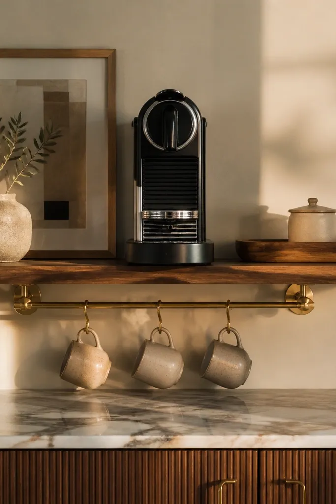 Walnut shelf with brass mug rail and a Nespresso machine centered