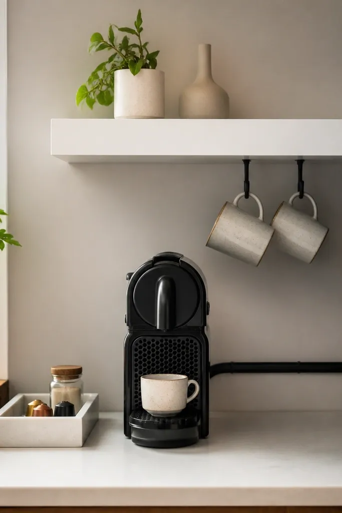 White floating shelf with black cord channel and coffee station neatly aligned