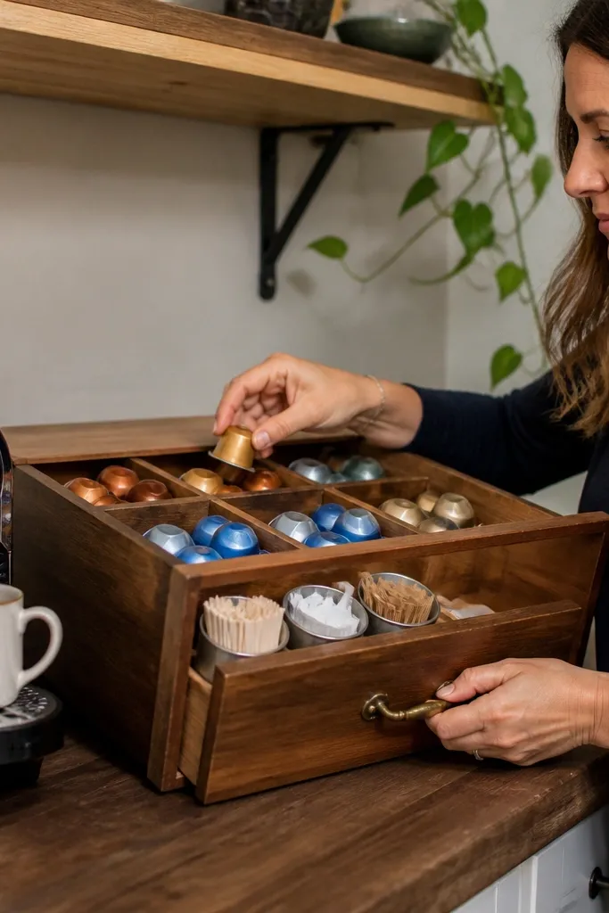 Small drawer unit beside Nespresso with organized pods and a neat tray
