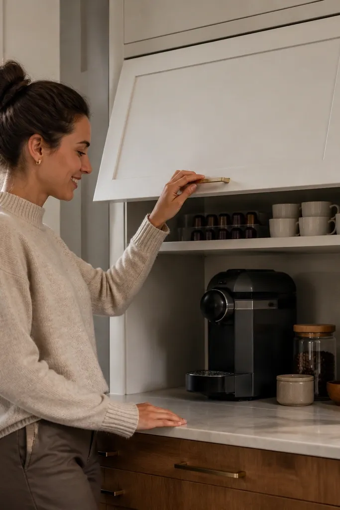 Nespresso machine under a hinged cabinet door with hidden storage space