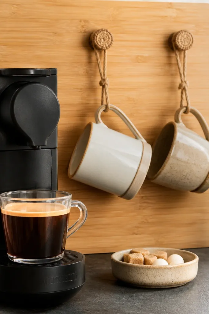 Bamboo backplate behind Nespresso with jute hooks holding mugs