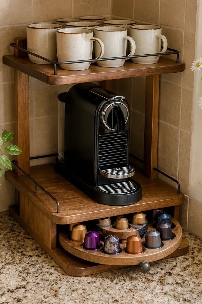 Corner coffee station with two shelves and rotating pod organizer