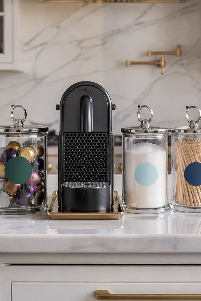 Glass canisters with chrome lids beside Nespresso and a neat pod layout