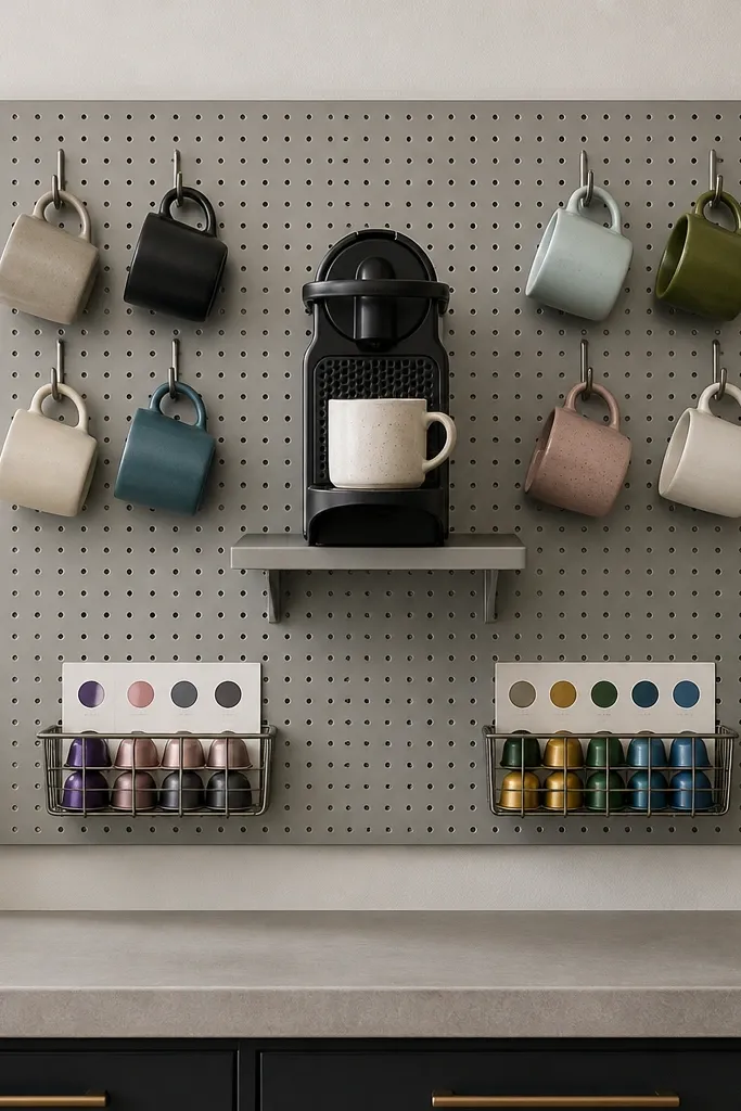 Pegboard behind coffee station with hooks, shelves, and labeled pods