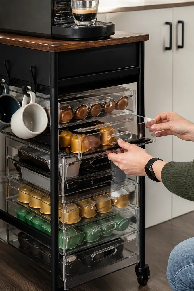 Rolling cart coffee station with clear acrylic pod drawers and mugs on hooks
