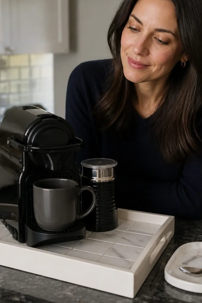 Small tray table with tile top, Nespresso machine, and spoon rest