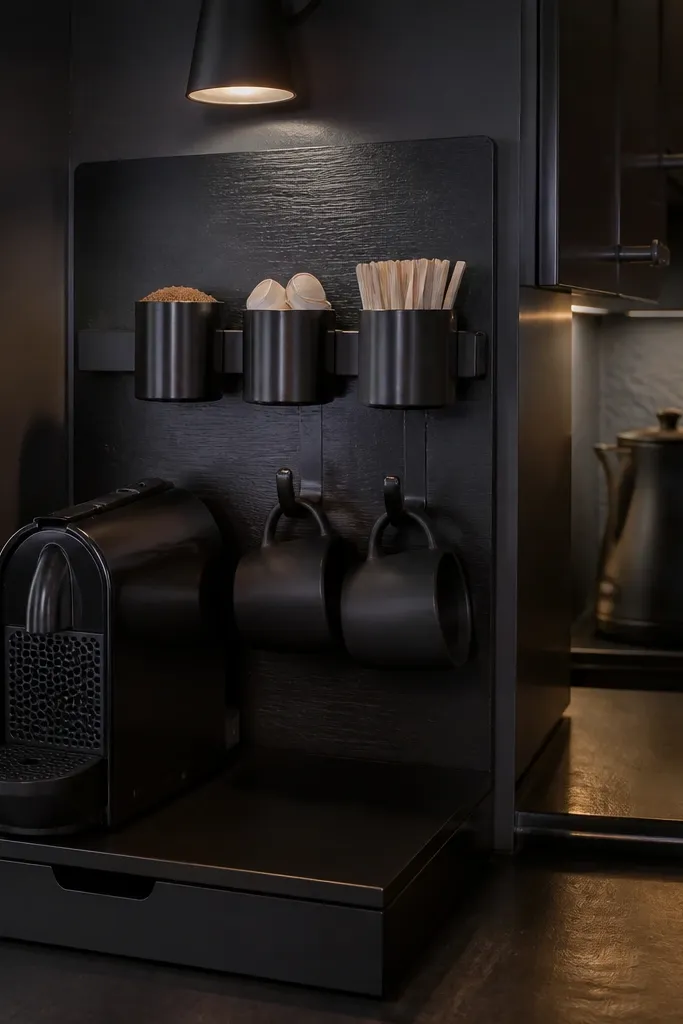 Black coffee station with magnetic strip holding small jars and cups on hooks