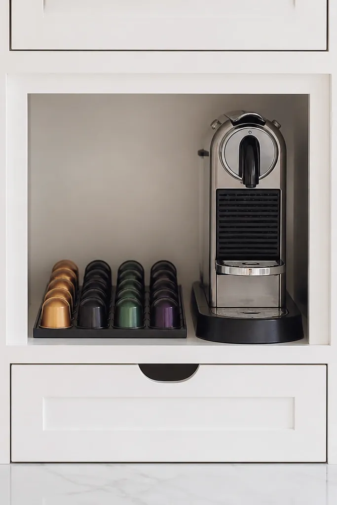 Mini white shaker cabinet with open shelf for pods and Nespresso inside