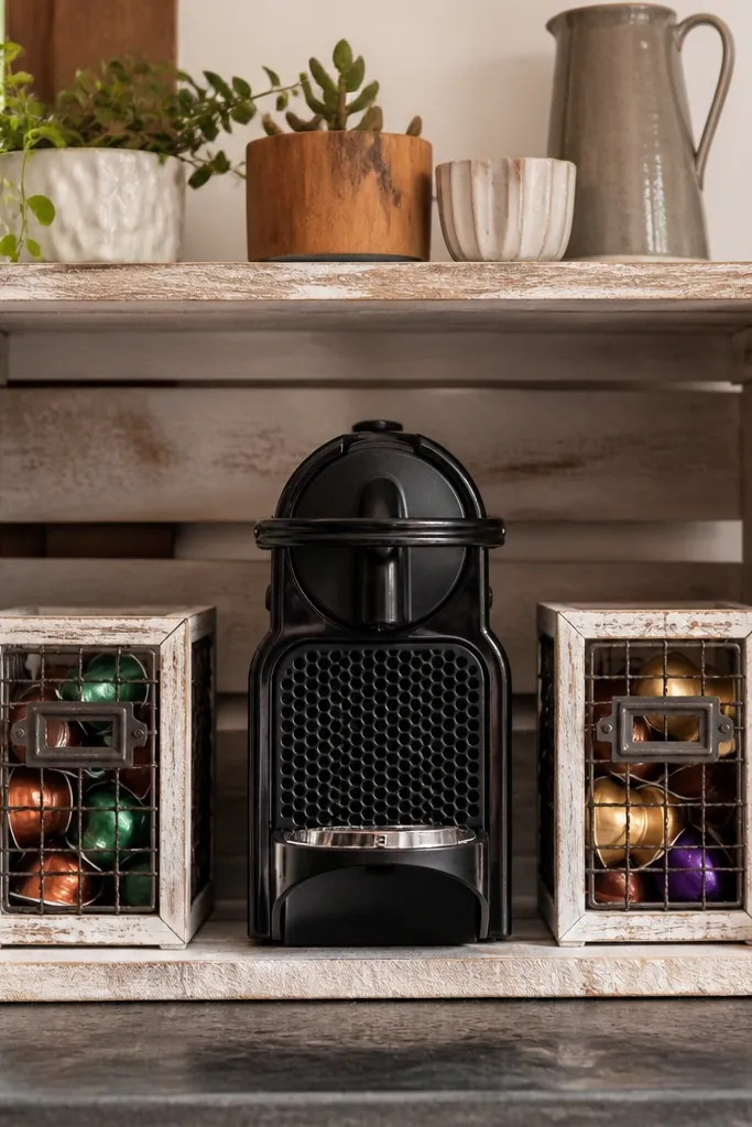Whitewashed wood crate around coffee station with two pod bins
