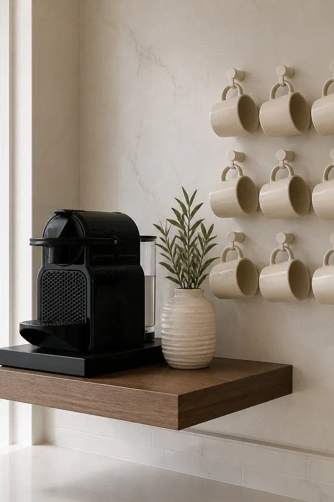 Matte ceramic mugs on hooks with a floating tray shelf holding Nespresso