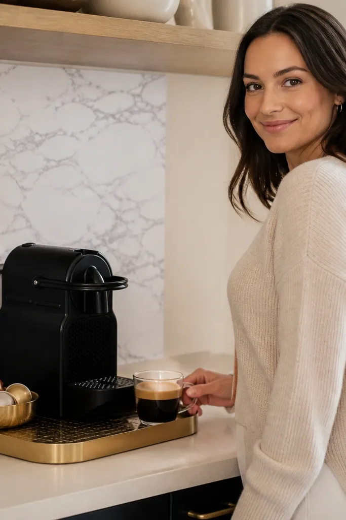 Marble-look backdrop behind Nespresso with brass tray and neatly arranged pods