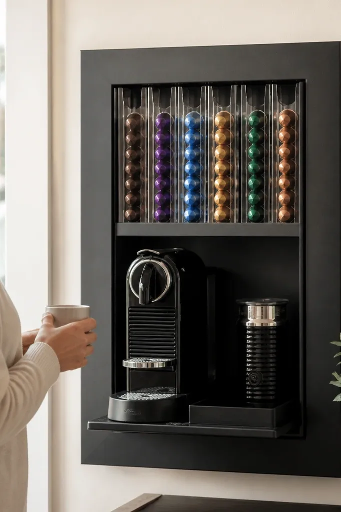 Painted MDF frame with clear pod slot and Nespresso centered